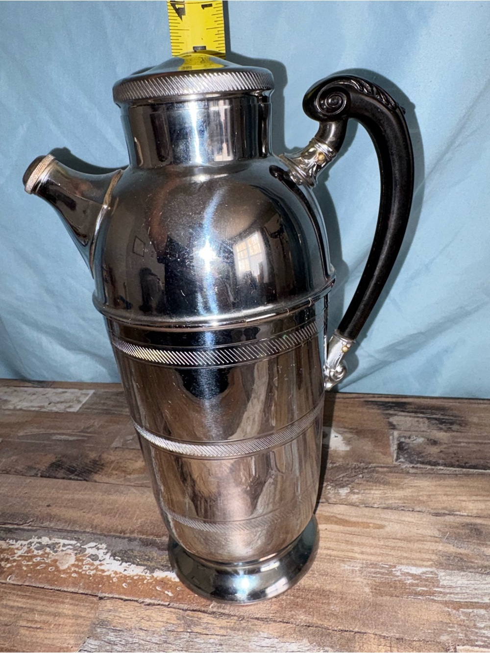 Vintage Farber Bros Polished Silver Cocktail Shaker with Black Sculpted Handle